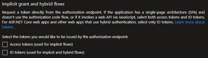 Azure App Registration Settings for Implicit and Hybrid flow